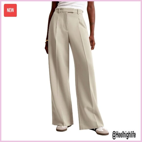 Pants - High Waisted Wide Leg Work Pants with Pockets - Professional Business Casual